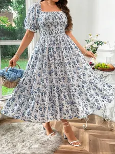 Women's Plus Size Fashion Casual Bohemian Shirred Dress, Floral Pattern, Loose-Fitting Midi Dress, Short Sleeve, All Seasons, Woven Fabric, Casual Wear