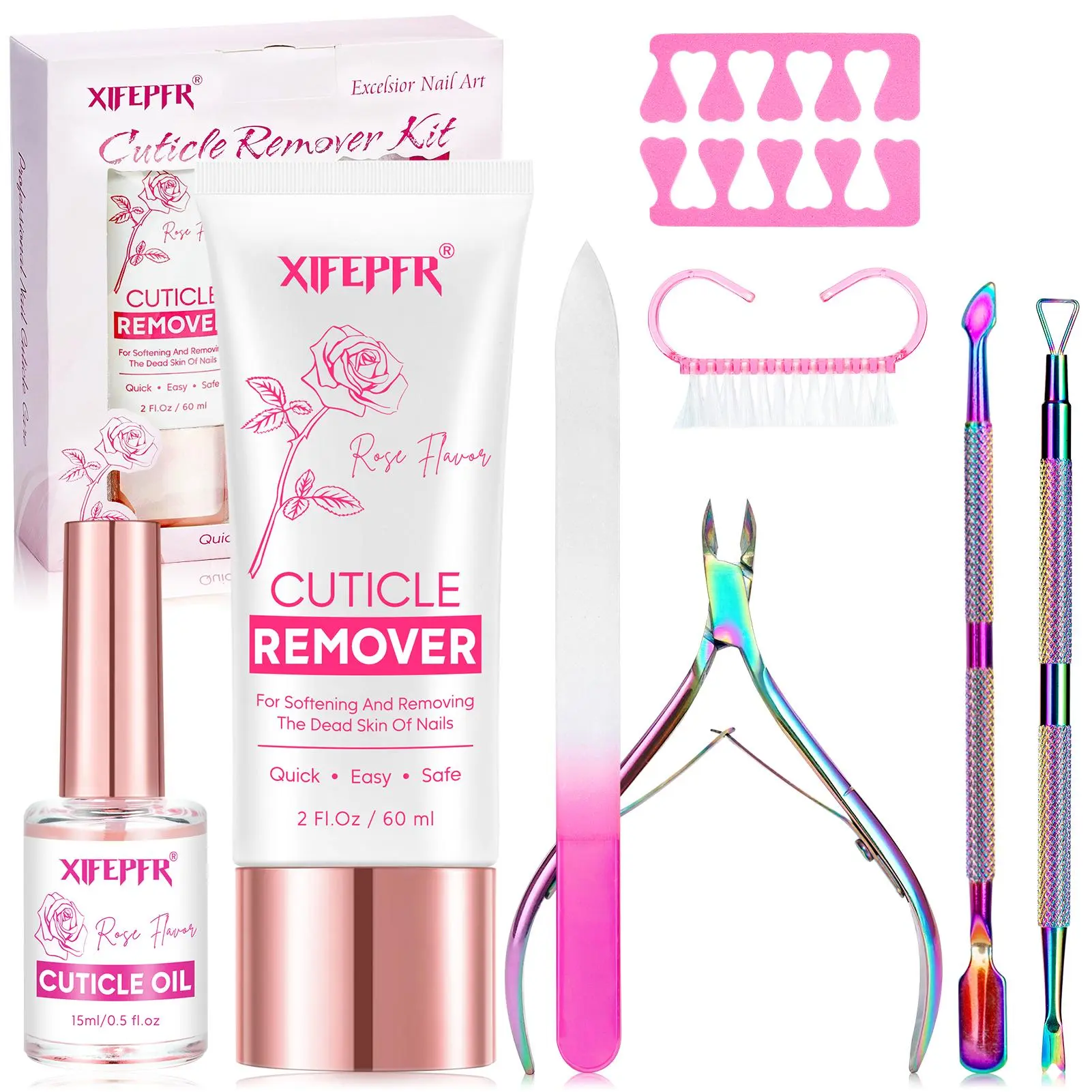 Xifepfr Cuticle Remover Kit with Rose Scent Cream & Oil, Complete Nail Supplies with Pusher, Trimmer & Nipper Tools for a Thorough Care DIY Manicure for Beginners, Unisex, Youth, Cuticle Care Kit, Softens Skin, Clippers, Pleasant Rose Flavor, Nail Care