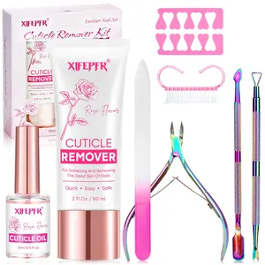 XIFEPFR Cuticle Remover Kit - Rose Flavor Cream & Oil, Trimmer, Pusher, Nipper for Manicure, Nail Care Tools, Essential Cuticle Care Set