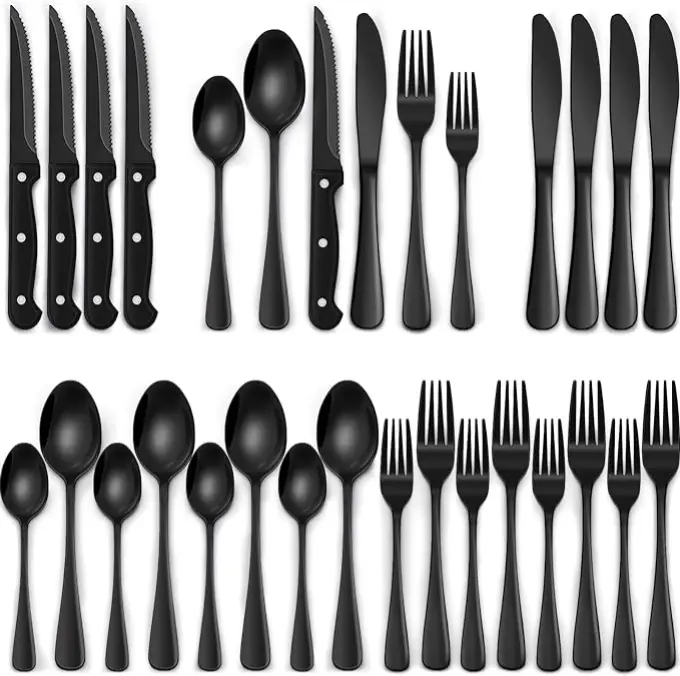 24/30 Pieces Black Stainless Steel Silverware Set ,Including Knife Spoon And Fork Eating Utensils Set For Kitchen,Cutlery Set Suitable For Restaurant And Hotels, Dishwasher Safe Flatware Set