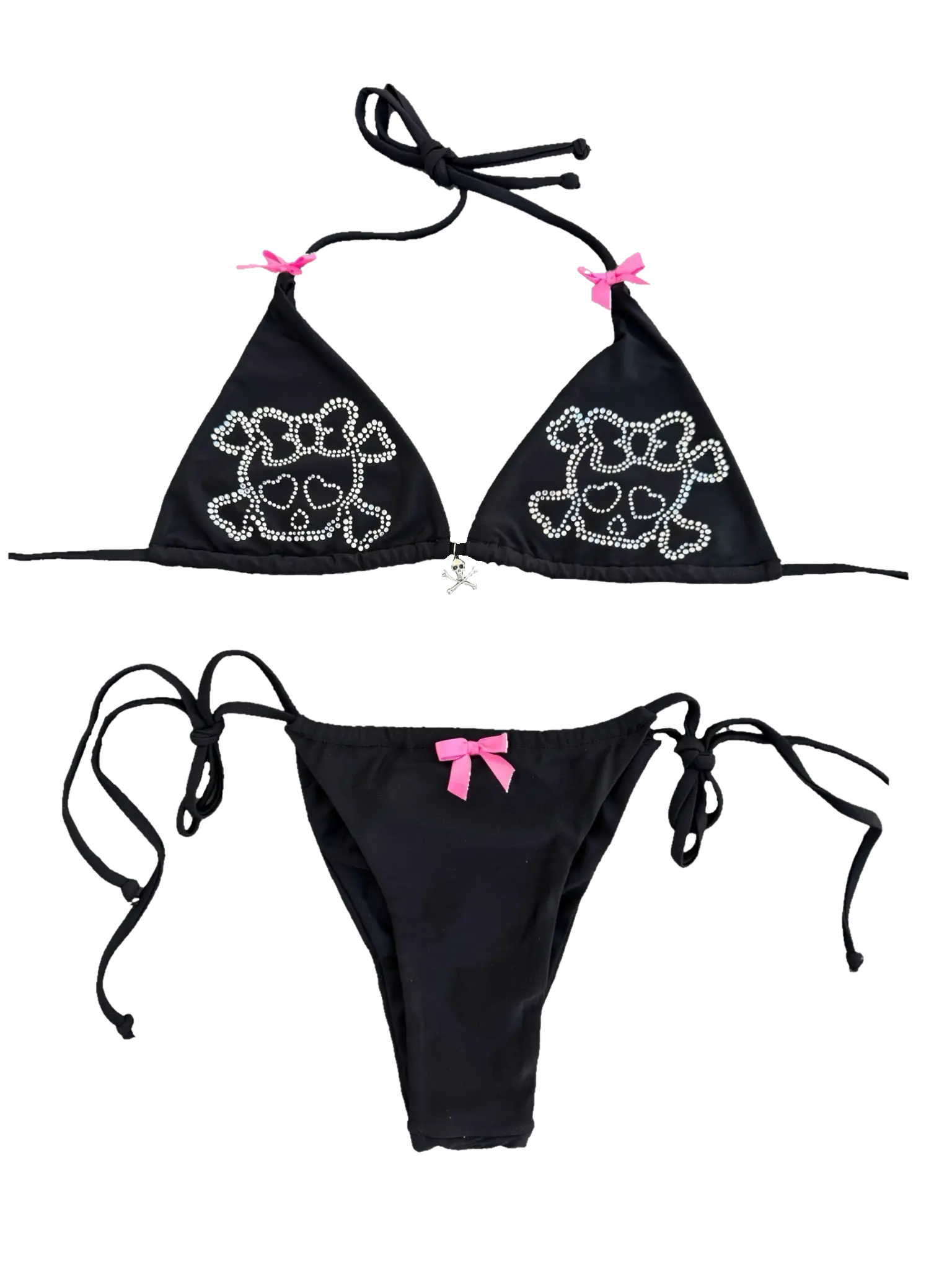 Pirate Skullette Bikini Black Rhinestone McBling Y2K 2000s Aesthetics Swimsuit Summer Goth with Pink Bows and Skull Design