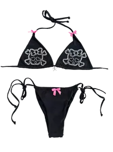 Pirate Skullette Bikini Black Rhinestone McBling Y2K 2000s Aesthetics Swimsuit Summer Goth with Pink Bows and Skull Design