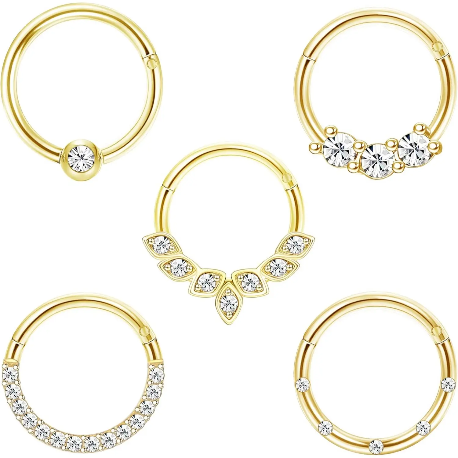 FUNRUN 5PCS Dainty Daith & Septum Clicker Set | 16G Stainless Steel Hinged Hoop | Sparkling CZ Cartilage Jewelry for Helix, Tragus, Conch | 8mm-10mm
