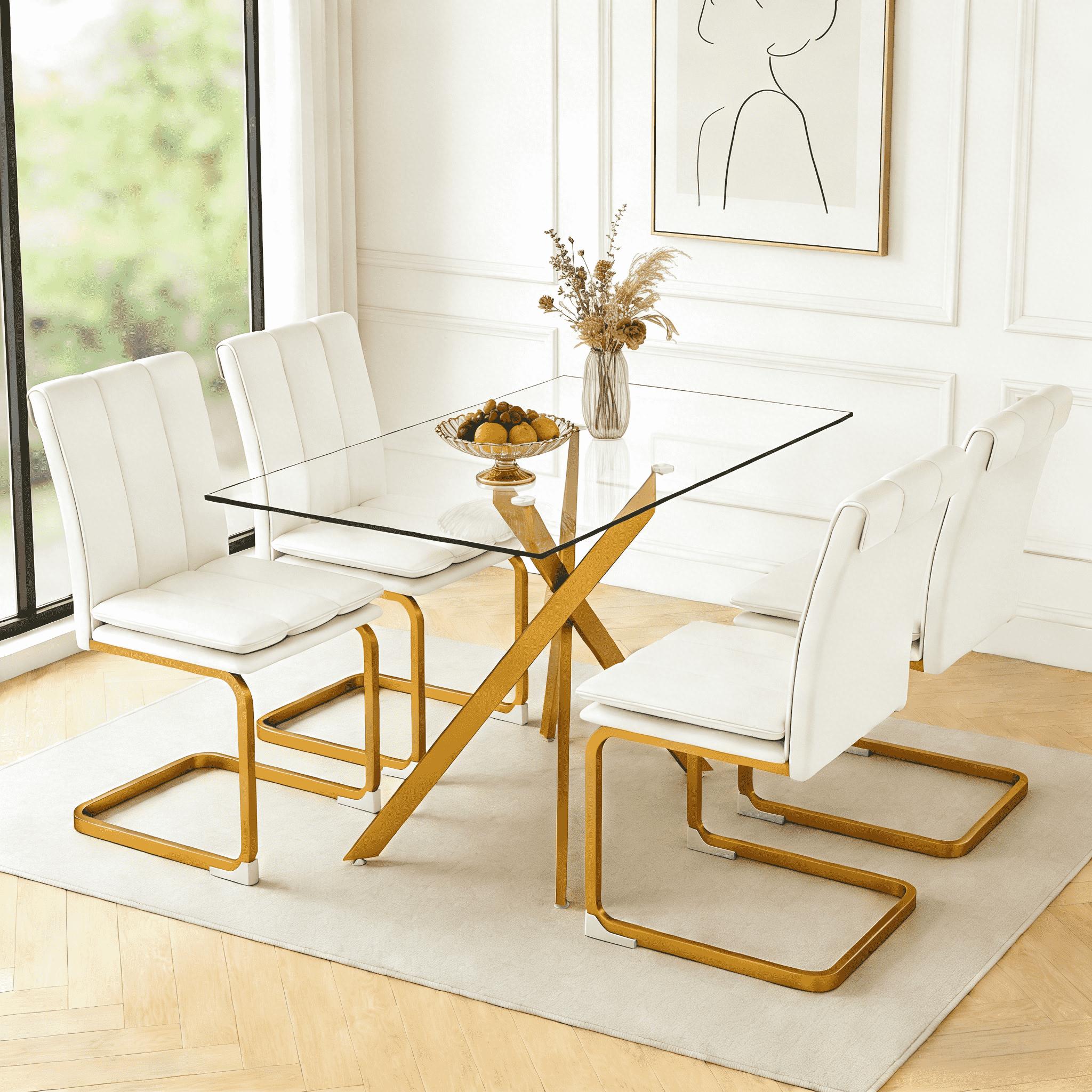 51.18 "Rectangular Glass Dining Table with Clear Tempered Glass, Golden Plated Tubular Metal Legs with Adjustable Leveling Feets, Kitchen Table for Dining Room,Dinner Table（ONLY TABLE）