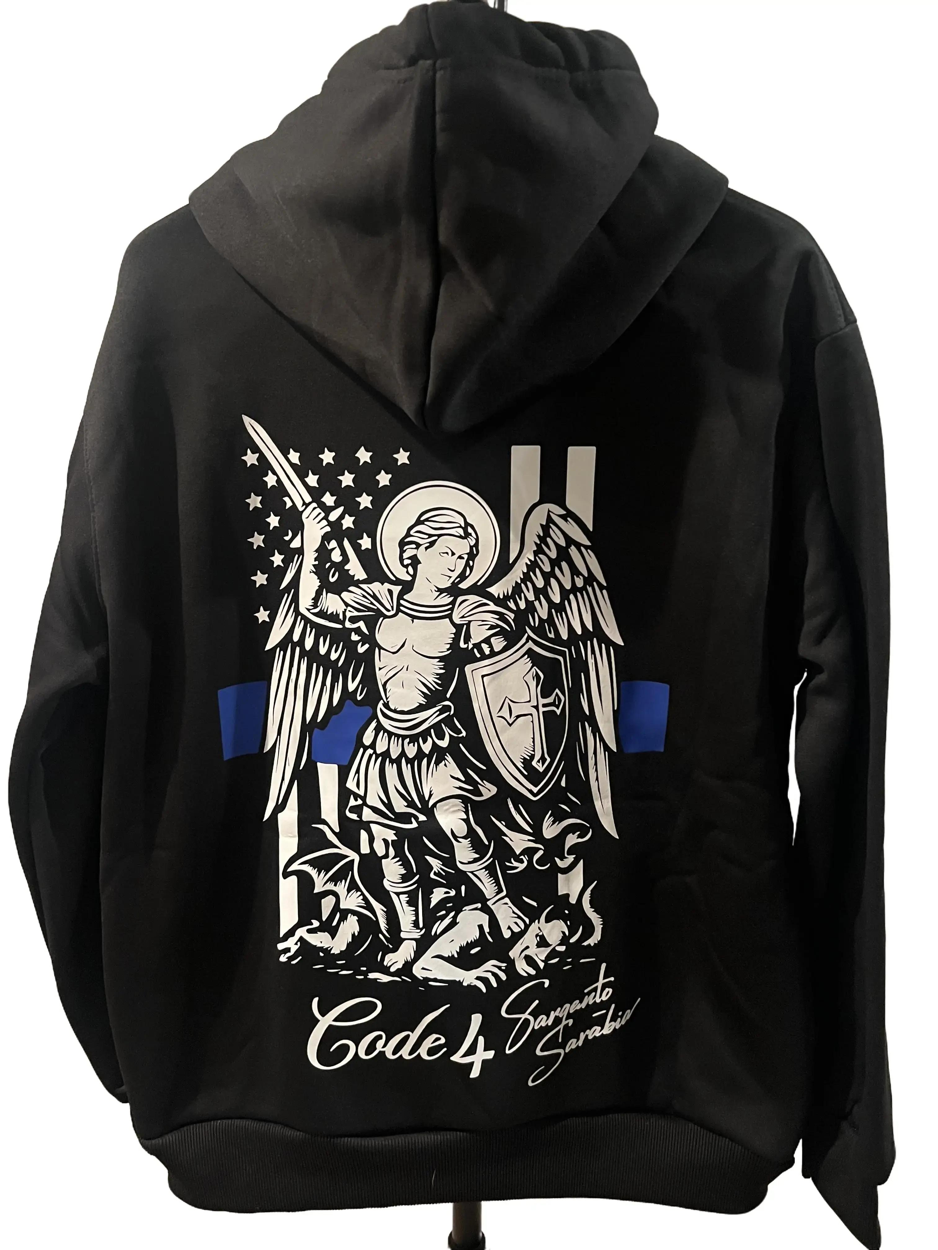 Sgto Sarabia St. Michael Archangel Code 4 Thin Blue Line Hoodie – Police Support Pullover Sweatshirt for Men Embroidered Swearshirt Longsleeves
