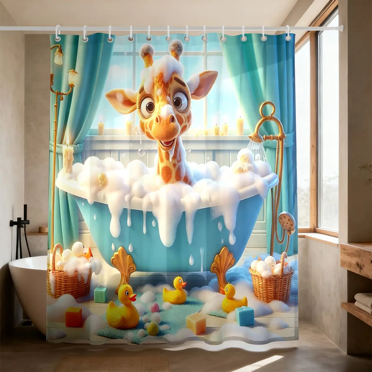 1 piece cartoon giraffe bathing shower curtain Soft cute giraffe bathing bubble bath in blue bathtub Contains little yellow duck toys and candle elements Waterproof shower curtain
