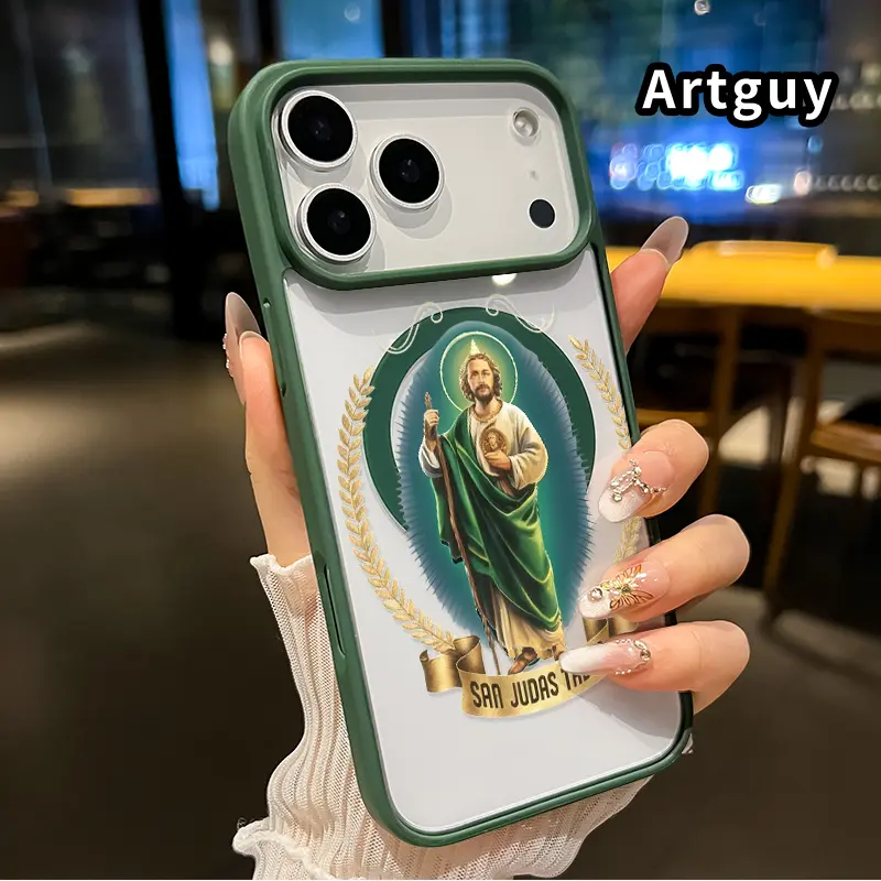 Magnetic Hybrid Durable Casing for iPhone 17/16 Pro Max Plus/15/14/13/12/11/Air E, Saint Judas Icon Pattern, Non-Yellowing Shockproof Soft Silicone Transparent Acrylic Cellphone Smartphone Protection, Comfortable Grip, Wireless Charging Support Accessory