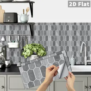 6/12/24/48PCS/Box FG Retro Light Grey Hexagon Marble Peel and Stick Tile, PVC Crystal Film Waterproof Oil-Proof Removable Wall Sticker for Kitchen Bathroom Floor
