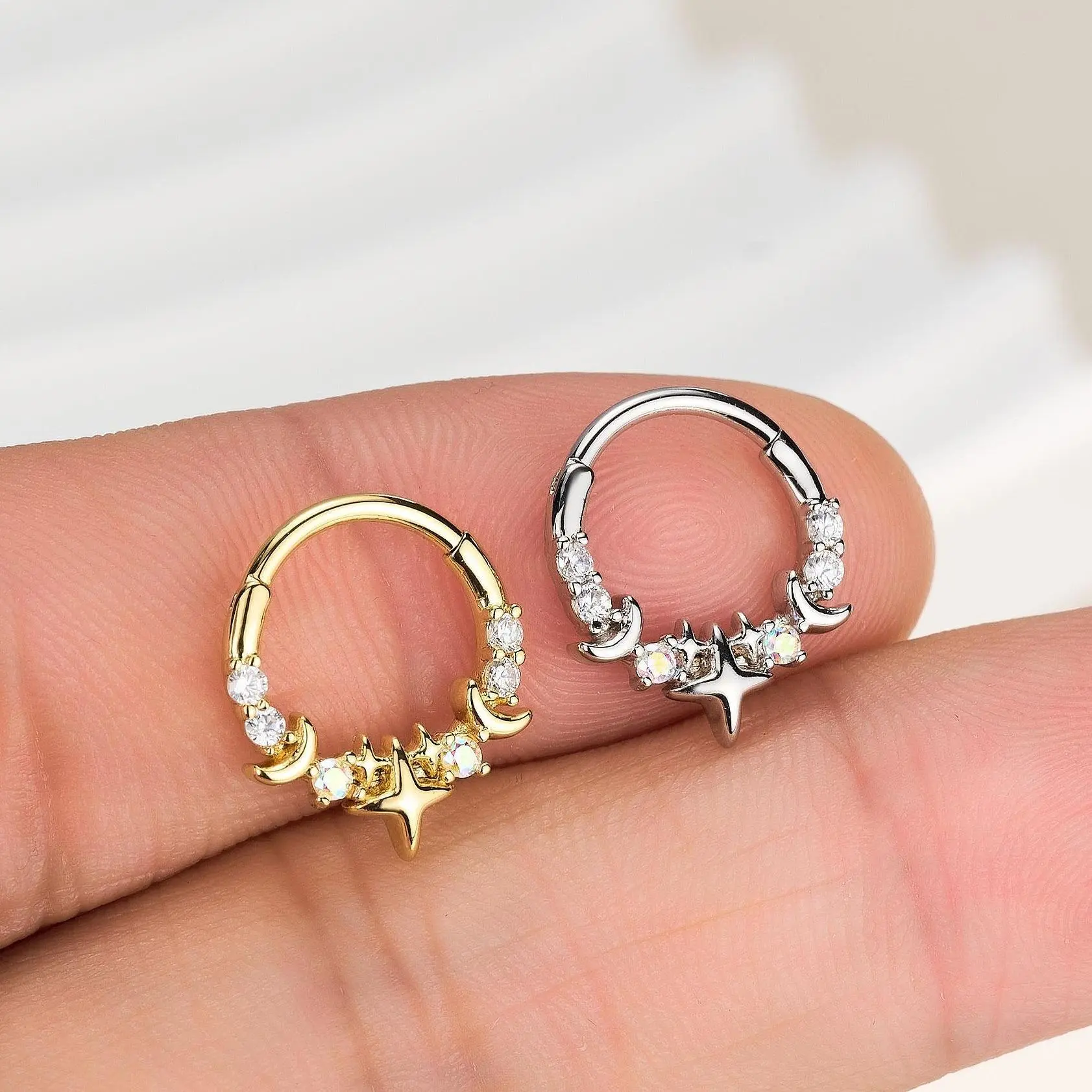 OUFER 16G 316L Stainless Steel Whimsical Astronomy Septum Clicker Ring - Nose Piercing Jewelry, Piercings Accessory for Women, Cosmic Glow Everyday Wear, Stars & Moons