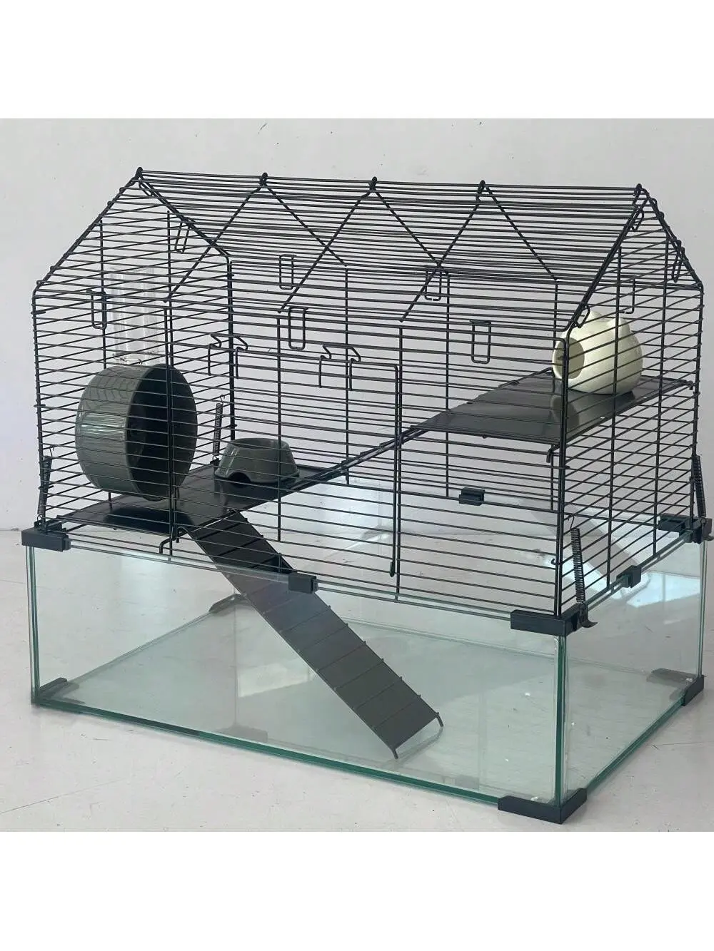 3-Tier Large Hamster Cage (22.83" l x 15" w x 21.25" h) with 7" Deep Glass Bottom, 360-Degree View, Running Wheel, Water Bottle, Food Bowl, Ramps, Portable House, Effortless Assembly for Dwarf Hamsters, Shock-Absorbing Foot Pads