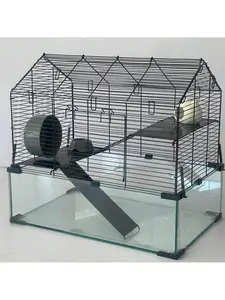 3-Tier Large Hamster Cage with 7" Deep Glass Bottom, Running Wheel, Water Bottle, Food Bowl, Ramps, Portable House for Dwarf Hamsters, Gerbils
