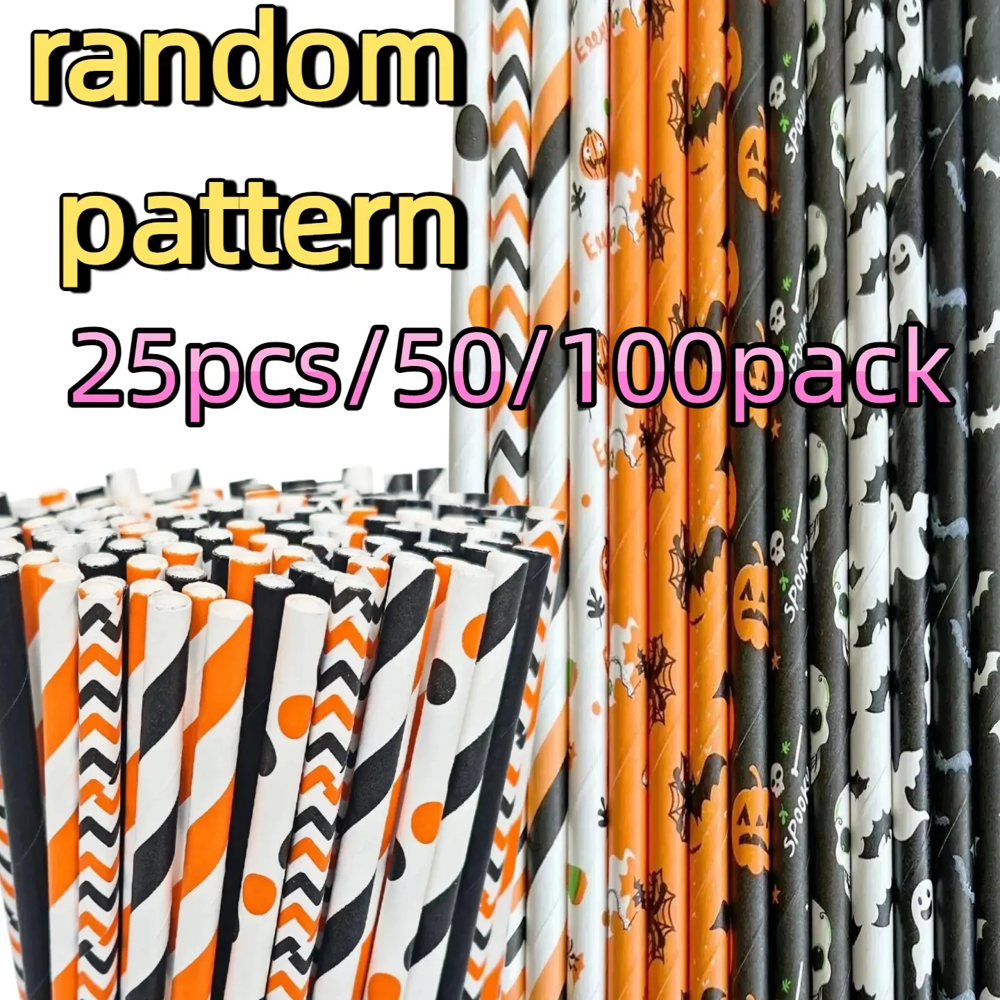 Halloween Paper Straws, 25/50/100 Pcs Orange Black Biodegradable Paper Drinking Straws for Halloween Party DIY Decorations Supplies, Wedding Supplies Party Favors Cake Pop Thanksgiving