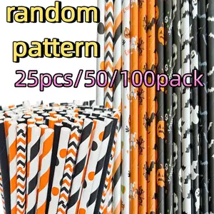 Halloween Paper Straws, 25/50/100 Pcs Orange Black Biodegradable Paper Drinking Straws for Halloween Party DIY Decorations Supplies, Wedding Supplies Party Favors Cake Pop Thanksgiving