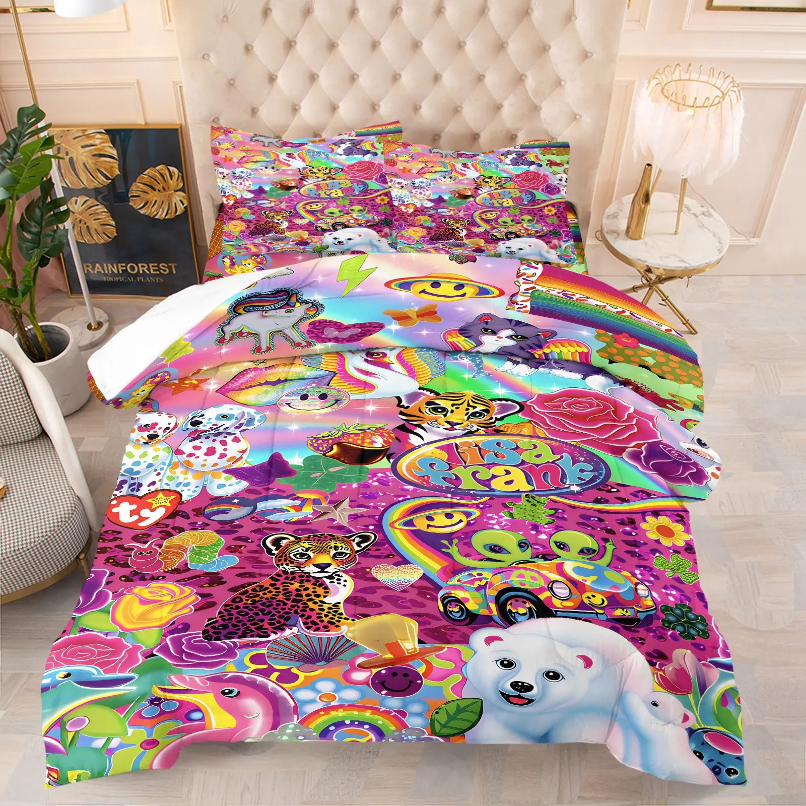Lisa Frank Style Rainbow Animal Comforter Set, Soft Breathable Y2K Aesthetic Bedding, Cute Bedding, 1 Quilt + 1/2 Pillowcases, All-Season Cozy Quilt for Kids & Teens Bedroom, Dorm & Playroom Decor, Twin/Full/Queen Size