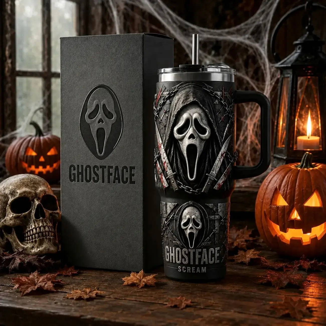 Ghostface Scream Horror 40oz 30oz 20oz Stainless Steel Tumbler with Handle, Vacuum Insulated Travel Cup, Spooky Slasher Style Drinkware, Leak-Resistant Halloween Mug, Gift for Horror Fans