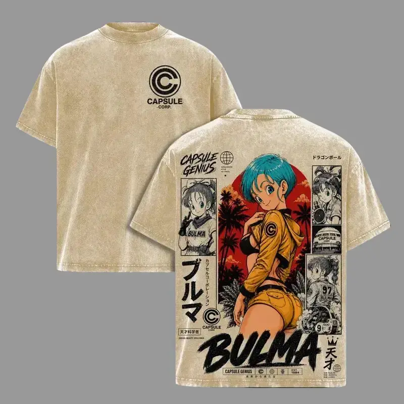 Bulma DBZ Menswear Top - Capsule Corp Genius Anime Graphic Tee, Back-Print Vintage 90s Unisex Cotton Distressed Short-Sleeve T-Shirt, DBZ Streetwear Merch Crewneck Tshirt