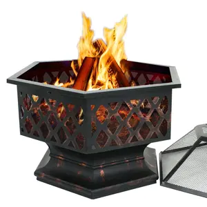 Zeny 24-in Outdoor Hex-Shaped Fire Pit Portable Wood Burning Bonfire with Mesh Lid Heavy-Duty Iron Construction for Patio Backyard Camping