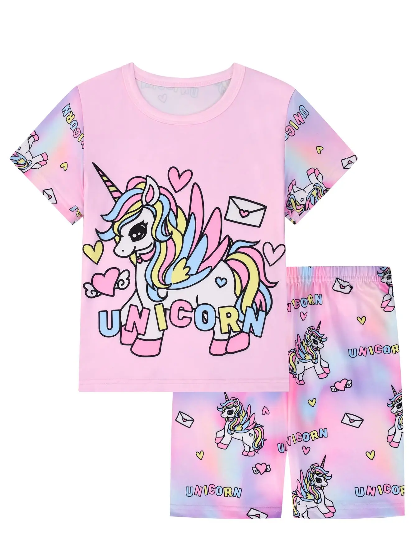 Girl's Unicorn Print Tee & Shorts Loungewear Set, Cute Comfy Round Neck Short Sleeve T-shirt & Shorts Pj Set, Kids Sleepwear for Summer