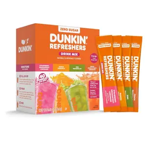 Dunkin’ Refreshers Singles To Go! Powdered drink mix packets, 40 Ct Variety Pack, 40 Single serve Packets per Box (40 servings), Energy from Green Tea, aspartame-free, no synthetic colors, naturally and artificially flavored, just add water