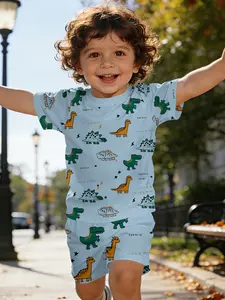 Short-sleeved suit Casual Set for babies and infants, casual children's clothing for little ones, suitable for daily and outdoor sports Dinosaur Print T-shirts, 100% polyester, a perfect gift for infants and toddlers!