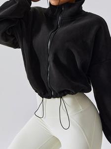 women's solid drawstring zip up crop fleece jacket, casual funnel neck long sleeve funnel neck outerwear for fall & winter, jackets for women, women's longsleeves clothes for daily wear, womenswear