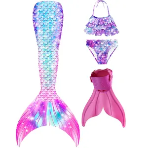 3D Mermaid Scale Print Bikini Set for Little Girls Princess Swimsuit with Organza Fin Sun Protection Pool Party Outfit(FENFEN-M39)