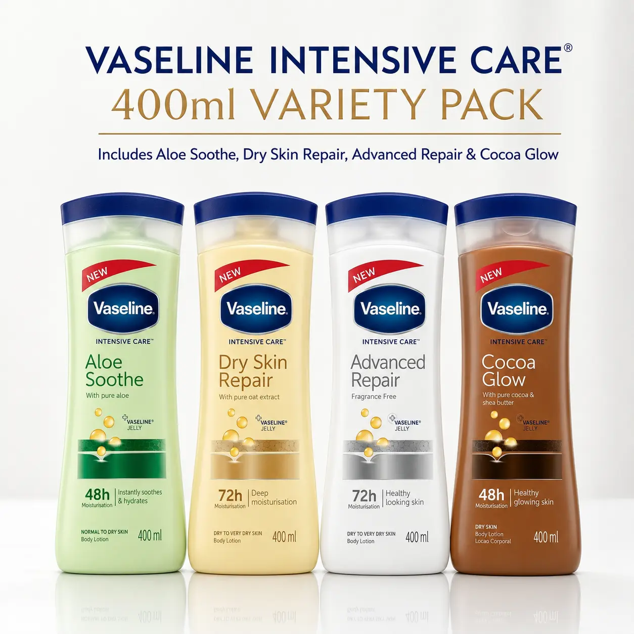 Vaseline Intensive Care Body Lotion Variety Pack, 4 x 400ml (13.5oz) Moisturizer for Dry Skin, Daily Body Care & Skin Repair Gift Set, Cocoa, Hydrating, Deep Hydration, Moisture, Glycerin