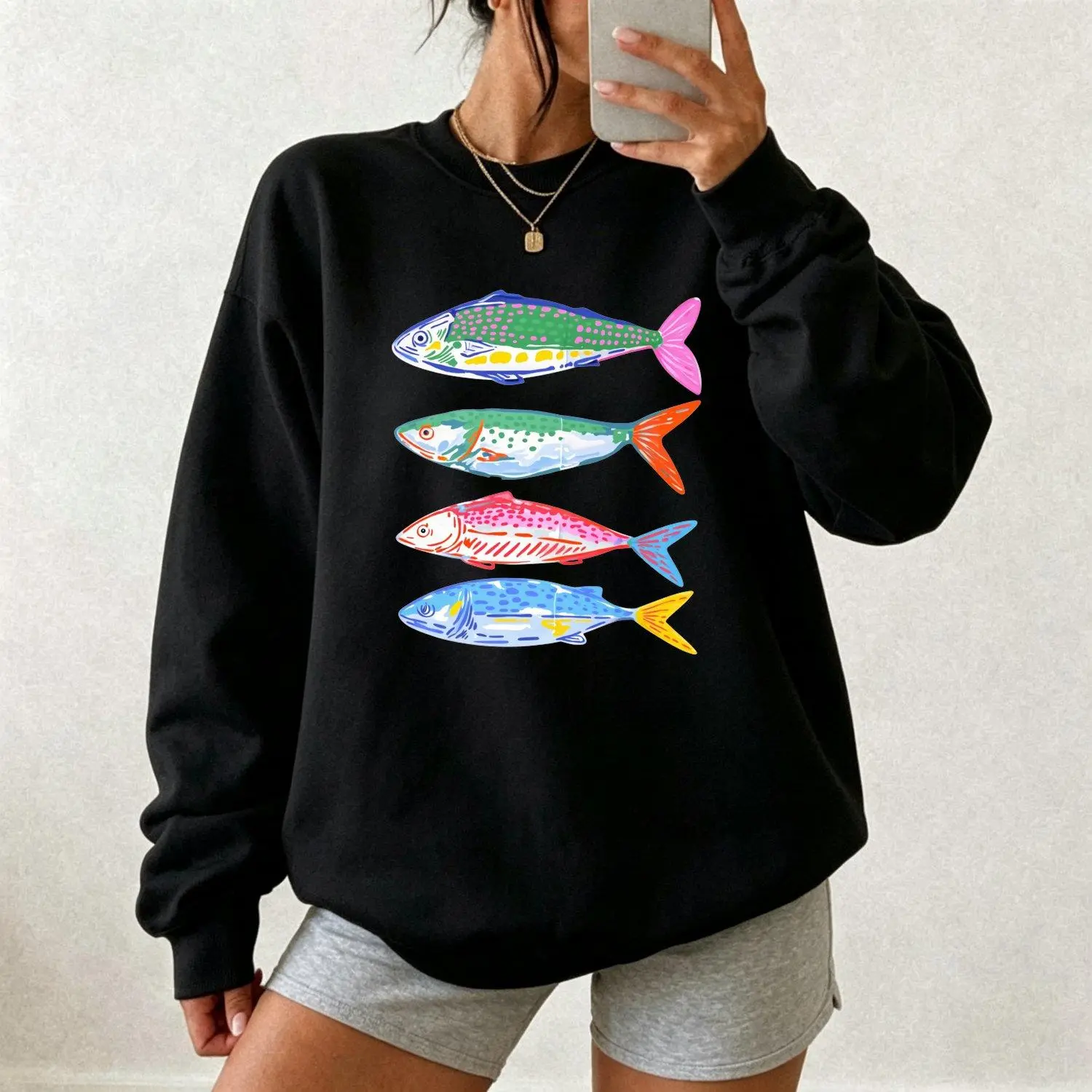 Womens Sports Sweatshirt Coastal Fish Graphic Fisherman Aesthetic Retro Beach Crewneck Oversized Trendy Summer Nautical Pullover Gift