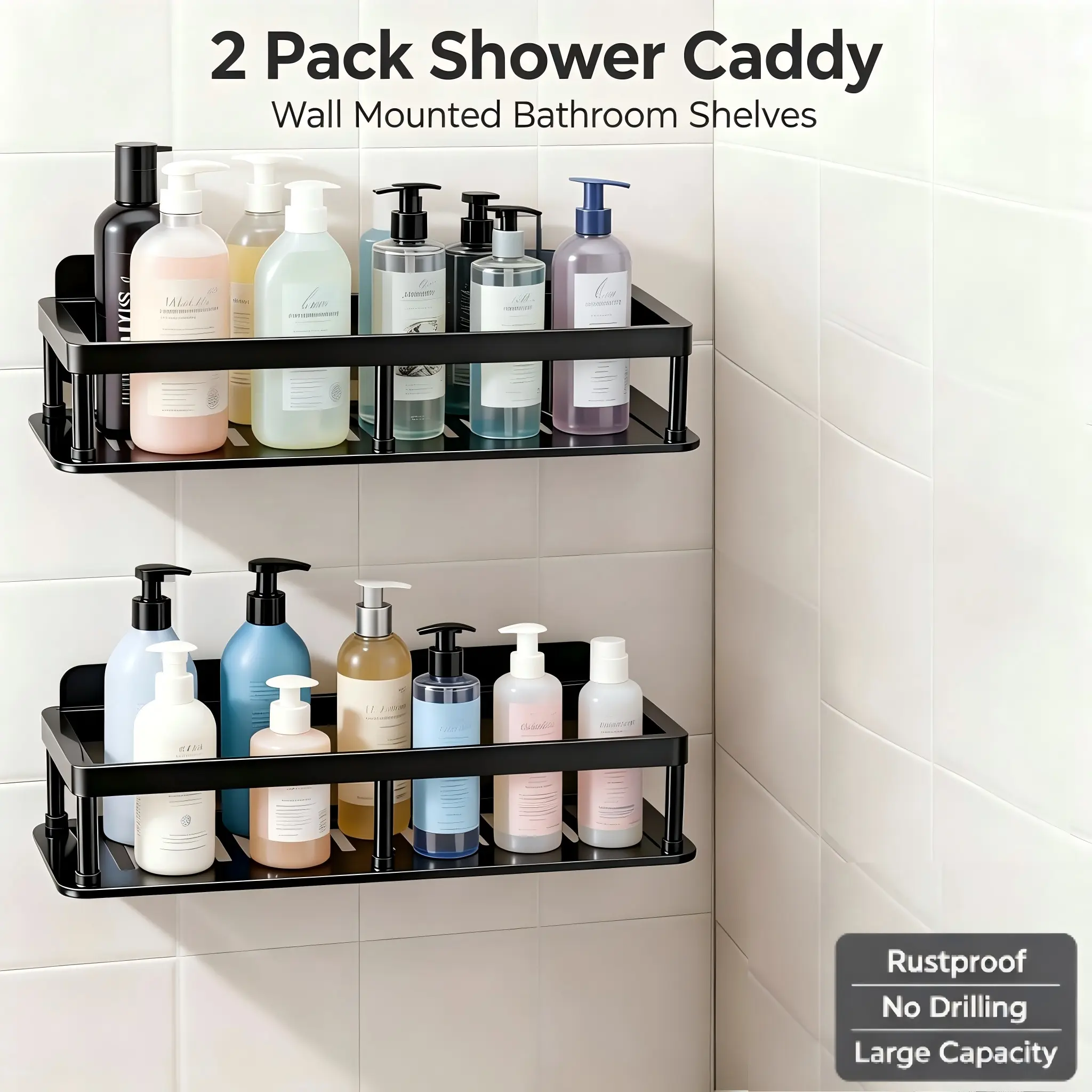 2 Pack Wall Mount Shower Caddy, Hollow Drain Plastic Bathroom Storage Shelves, Self-Adhesive Positioning Wall Organizer Rack for Bathroom Kitchen Bedroom, Black