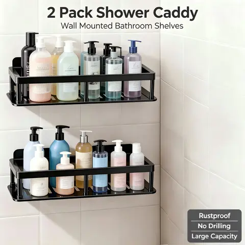 2 Pack Wall Mount Shower Caddy, Hollow Drain Plastic Bathroom Storage Shelves, Self-Adhesive Positioning Wall Organizer Rack for Bathroom Kitchen Bedroom, Black