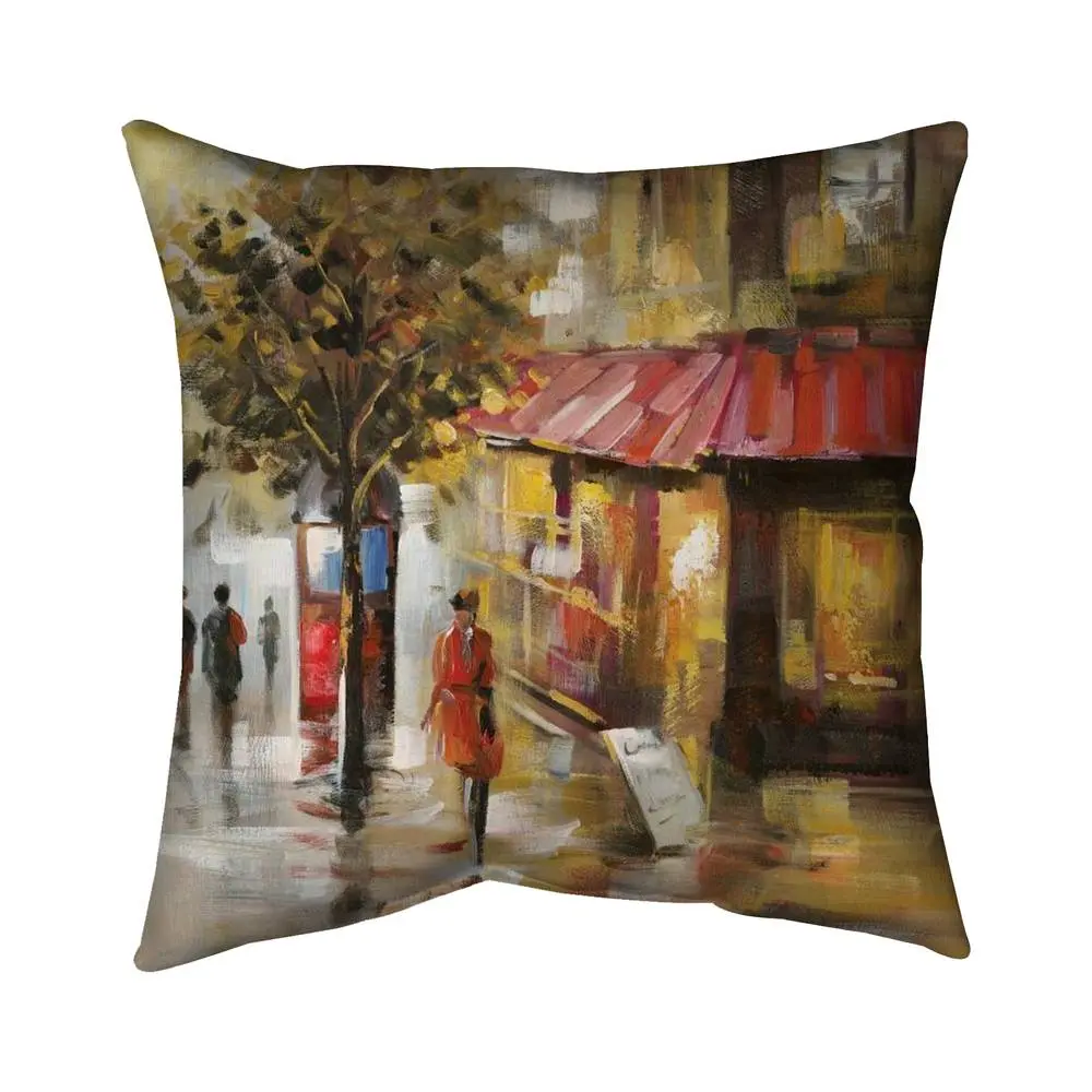 360 Stand 18x18in UV-Resistant Outdoor Throw Pillow, Modern Art Street Scene Abstract Design with Yellow Man Passers, Polyester Print Household Textile Home Decor 5542-1818-ST4, Creative Decorative Cushion, Sun Protection, Water Resistant, Decorative Cove