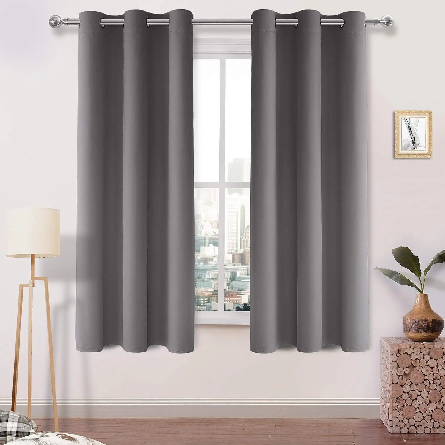 2 Panels Set W42 x (L63)Grommet Blackout Curtains for Bedroom 63 Inch Length Dark Grey , Thermal Insulated Energy Saving Curtains for Kids Room, Solid Nursery Window Treatment Drapes