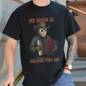 Funny Me Dicen El Asesino Por Ahi Shirt – Halloween Meme Horror Villain Tee, Jason Voorhees Playing Accordion Cowboy shirt