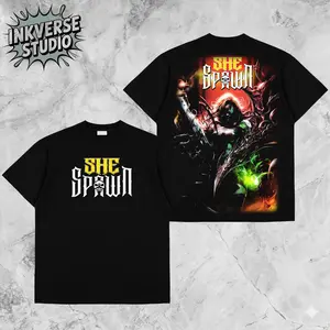 InkVerse Limited Edition She Spawn Comic Graphic Tee, Dark Fantasy Antiheroine T Shirt, Infernal Warrior Comic Art Design, Oversized Streetwear Unisex Tee, Gothic Horror Style, Gift for Dark Comic Fans