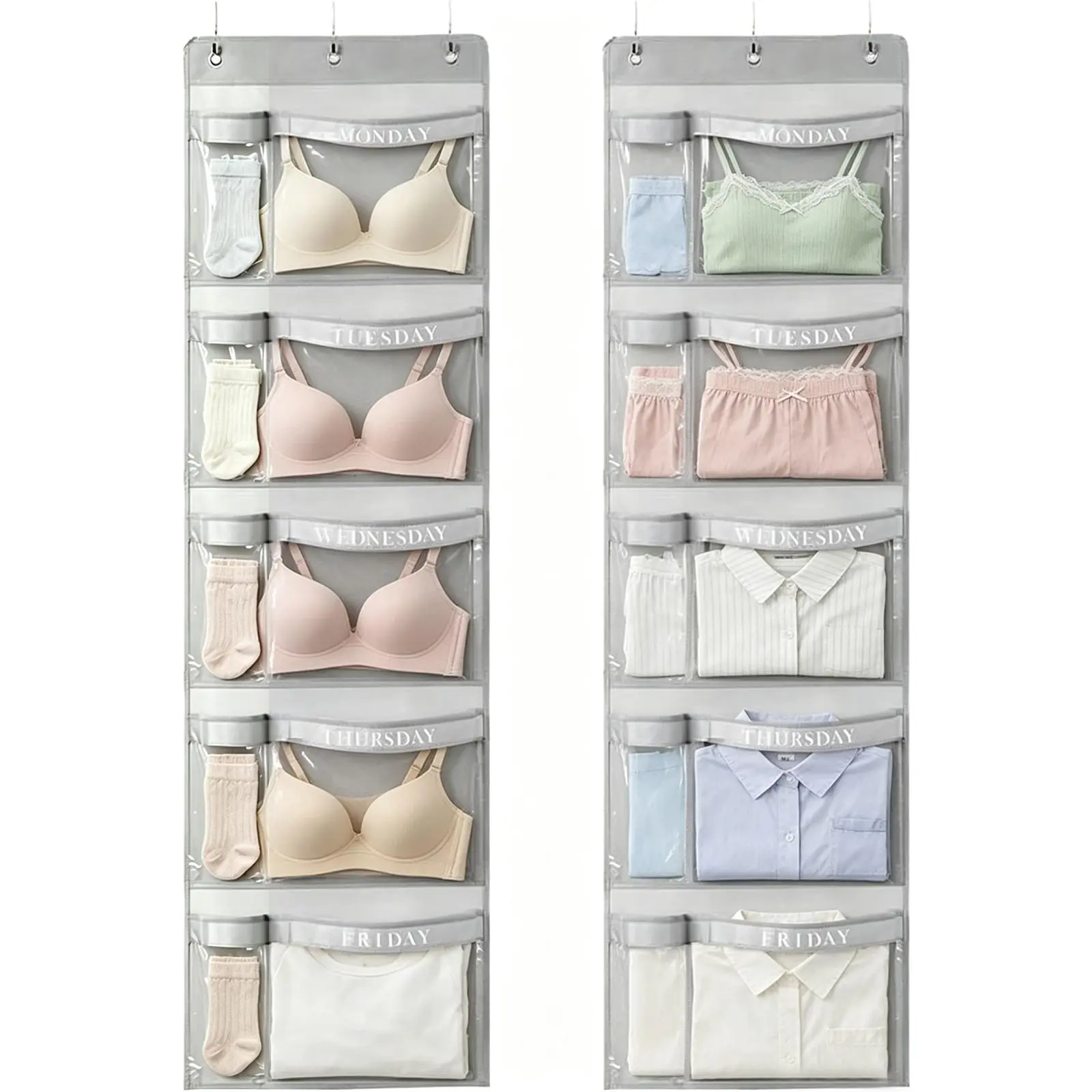 Kids Weekly Clothes Organizer - 5-Layer Closet Hanging Storage with 57x16.5" Labeled Pockets for School Days, Outfit Prep, Home Closet Organization, Five Layers