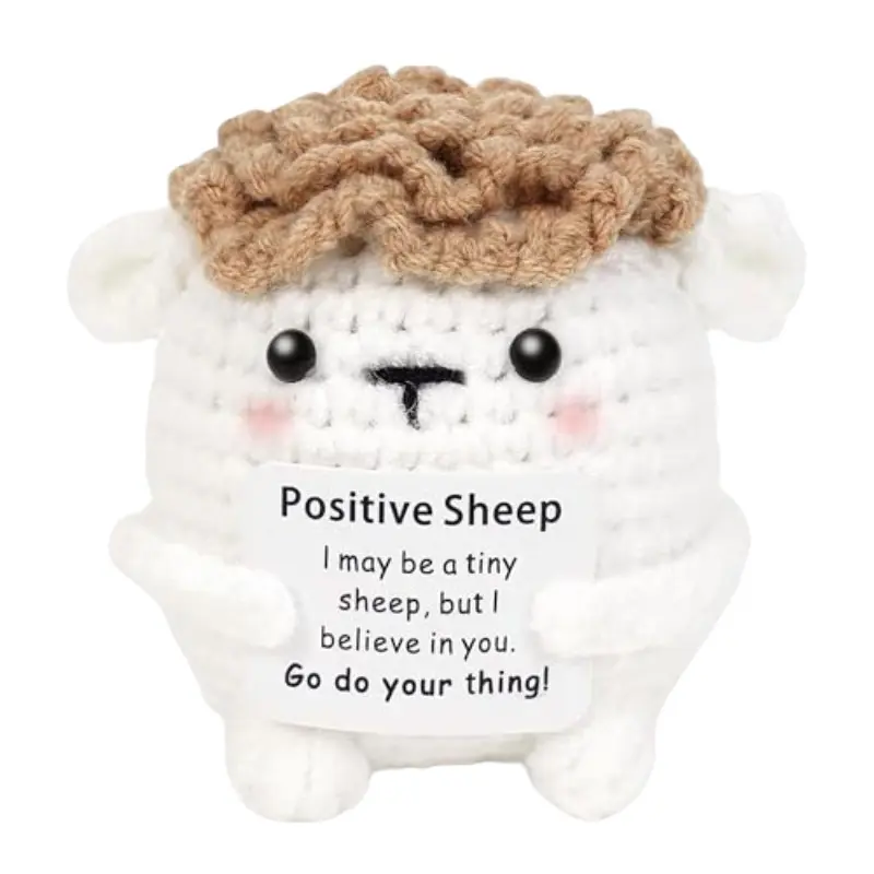 Positive Crochet Sheep Inspirational Gift, Handmade Mini Soft Stuffed Animal Decoration, Emotional Support Birthday Present for Men and Women, Crochet Animals