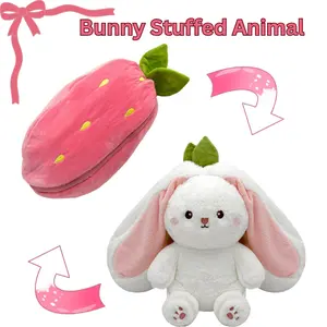 Bunny Stuffed Animal – Strawberry Reversible Cuddle Bunny Plush Doll with Zipper, Soft Rabbit Toy & Pillow for Kids & Adults – Easter & Valentine’s Gifts (7.1 in)