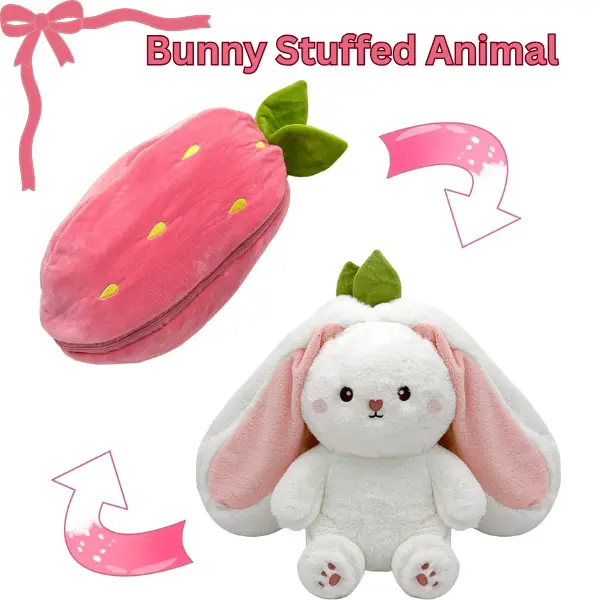 Cute Strawberry Bunny Plush Toy Soft Kawaii Stuffed Animal Gift for Kids Girls Hug Pillow Bed Decoration Birthday Present Furry Friends Plush Doll Animal Gift for Kids Girls Hug Pillow Bed Decoration Birthday Present Furry Friends Plush Stuffed Animal