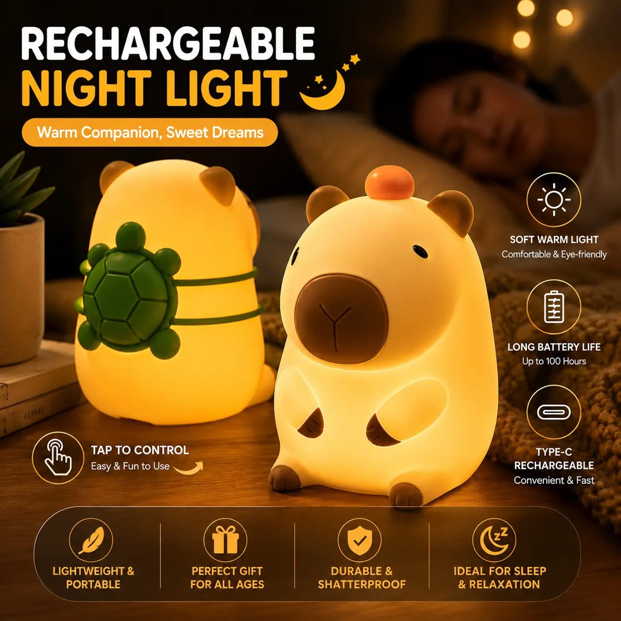 Adorable Capybara Design Soft Silicone Night Light - Plastic Base, Tap Control, Colored & Warm Lighting, 30-Min Auto Shut-Off, Eye-Care Light, Kids Bedroom Living Rooms Indoor Lighting, Christmas Valentine's Day Gift, Relaxation