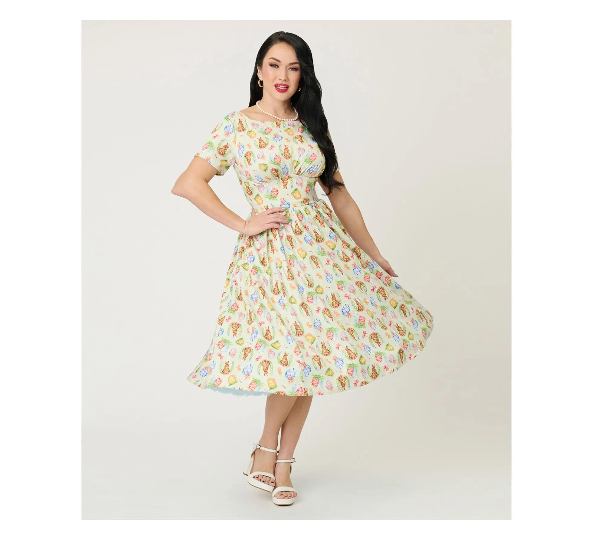 Unique Vintage Green Easter Bunny Print Swing Dress