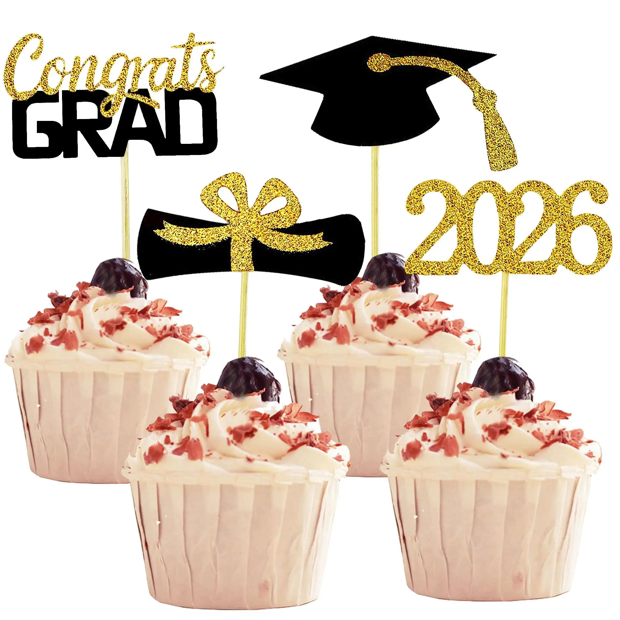48pcs Graduation Cupcake Toppers Set, 2026 Grad Cap & Diploma Party Decor, Perfect for Graduation Parties, Easy to Use Cake Toppers, Graduation Party Decoration, Cake Decorating, Cake Decoration Supplies