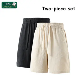 Men’s solid-color linen ice silk casual shorts, 2-pack, lightweight for summer, straight cut, loose wide-leg design