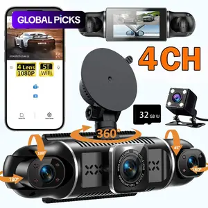 360° Dash Cam Front and Rear View 4 Channel Dash Camera FHD 1080P+480Px3 for Car, Inside/Back 170°+2x150°+110° Wide Angle, 8 IR Lamps Night Vision, APP,G-Sensor with 32GB Card,24/7 Parking Mode（Not wireless; must be plugged in for use.）