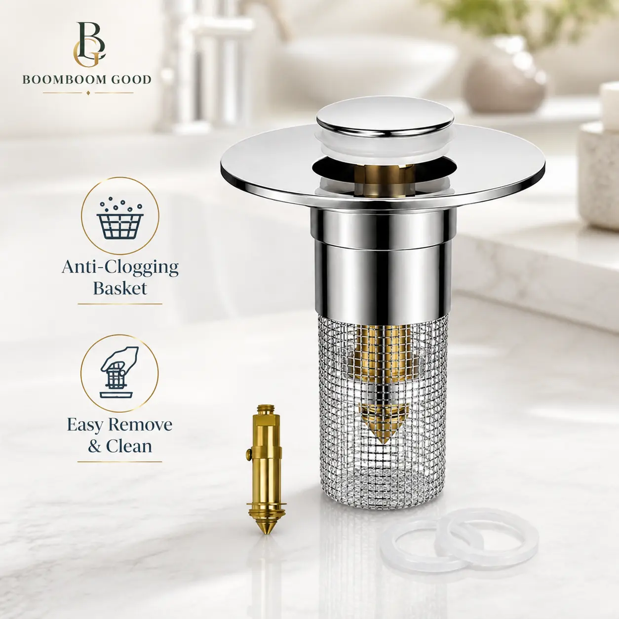 Universal Pop-Up Sink Drain Stopper with Stainless Steel Filter Basket Anti-Clog Debris Catcher Easy Install for Bathroom Kitchen