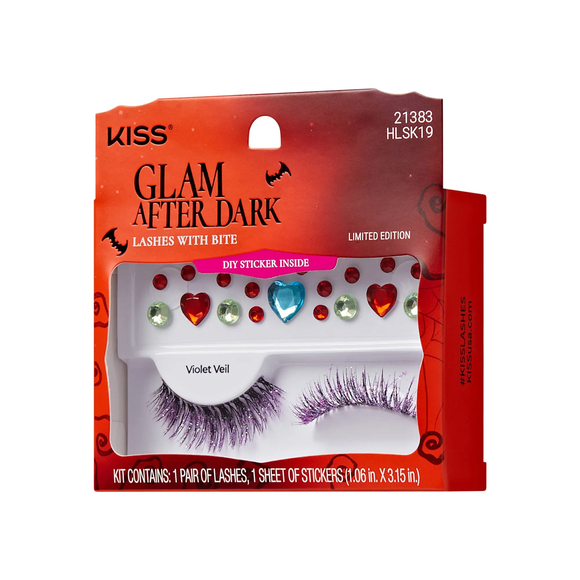 Kiss Halloween Decorated False Eyelashes & Gem Sticker - Violet Veil | 1 Pair, Strip Lashes, 9mm-12mm