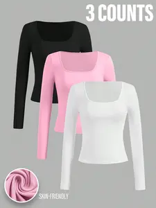 3-Piece Set Vintage Square Neck Slim Fit Long Sleeve T-Shirts, Casual Innerwear, Sportswear Base Layer, Everyday Wear