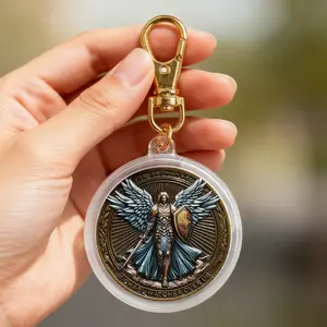 Large Angel Michael Memorial Coin with Keychain, Keychain For Bags, Keychain For Purse, Backpack Key Collection Pendant, Keychain Collectibles, Key Accessories, Christmas Party Surprise Gift, Birthday Present