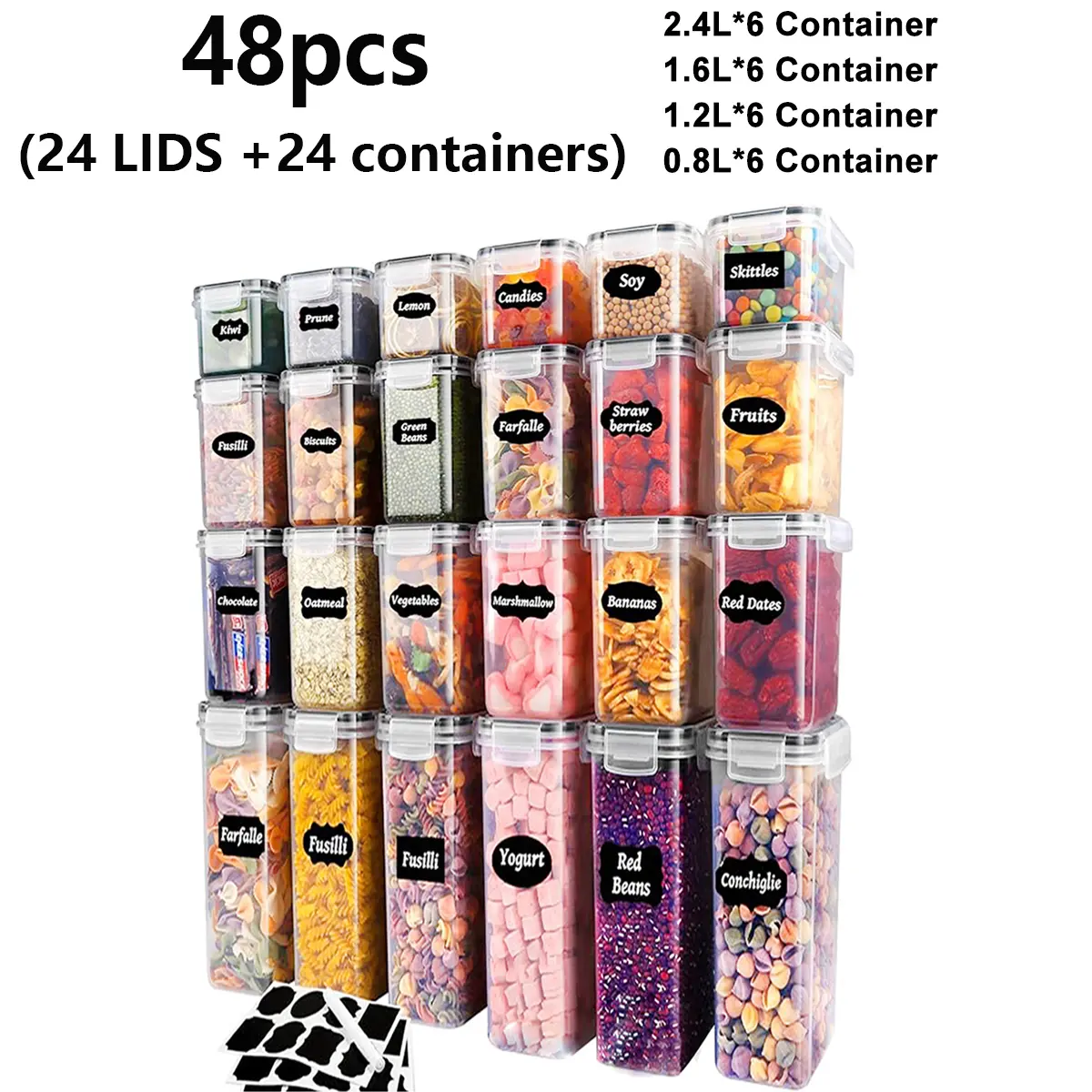 Airtight Food Containers Set, 24-Piece Transparent Multi-Sizes Reusable Leak-Proof Plastic Kitchen Preserving Containers with 24 Easy-Lock Lids, Stackable for Coffee, Tea, Pasta, Includes Labels