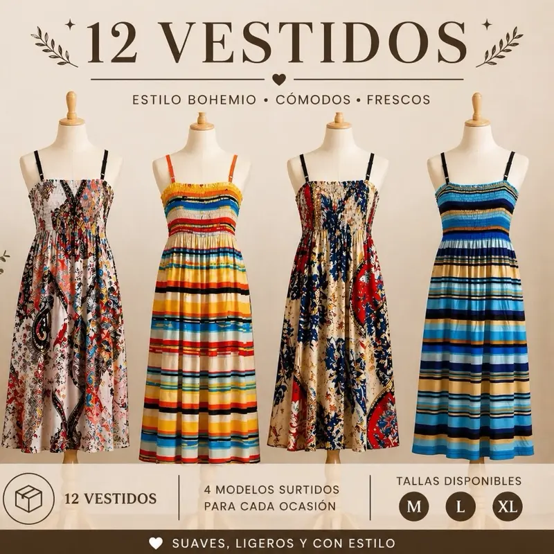 12 Assorted Dresses – Sizes M L XL, Casual Womenswear, Bohemian Style, Comfortable & Fresh, Suaves, Ligeros y con Estilo Fashion Everyday Summer Sleeveless Multistripe Mini