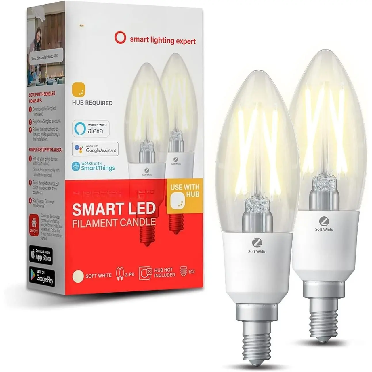Zigbee Smart Candle Lights - LED B11 Candelabra Bulbs, 40W Equivalent, 120V AC, Indoor Use, 1 Count (Pack of 1) 2-Pack Bundle, Smart Hub Required, Works with Echo Built-in Hub & SmartThings, Alexa & Google Home Voice Control